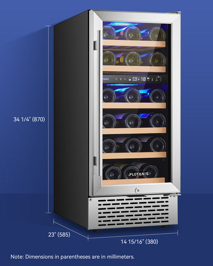 Plotanis 15 Inch Wine Cooler Refrigerator 28 Bottles Capacity Dual Zone Single Door