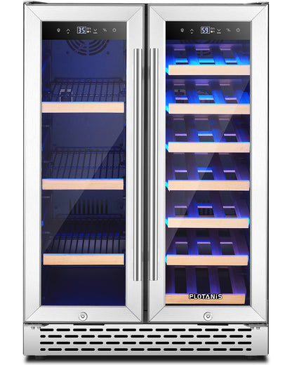 Plotanis 24 Inch Wine and Beverage Cooler Refrigerator 20 Bottles 60 Cans Capacity Dual Zone French Door