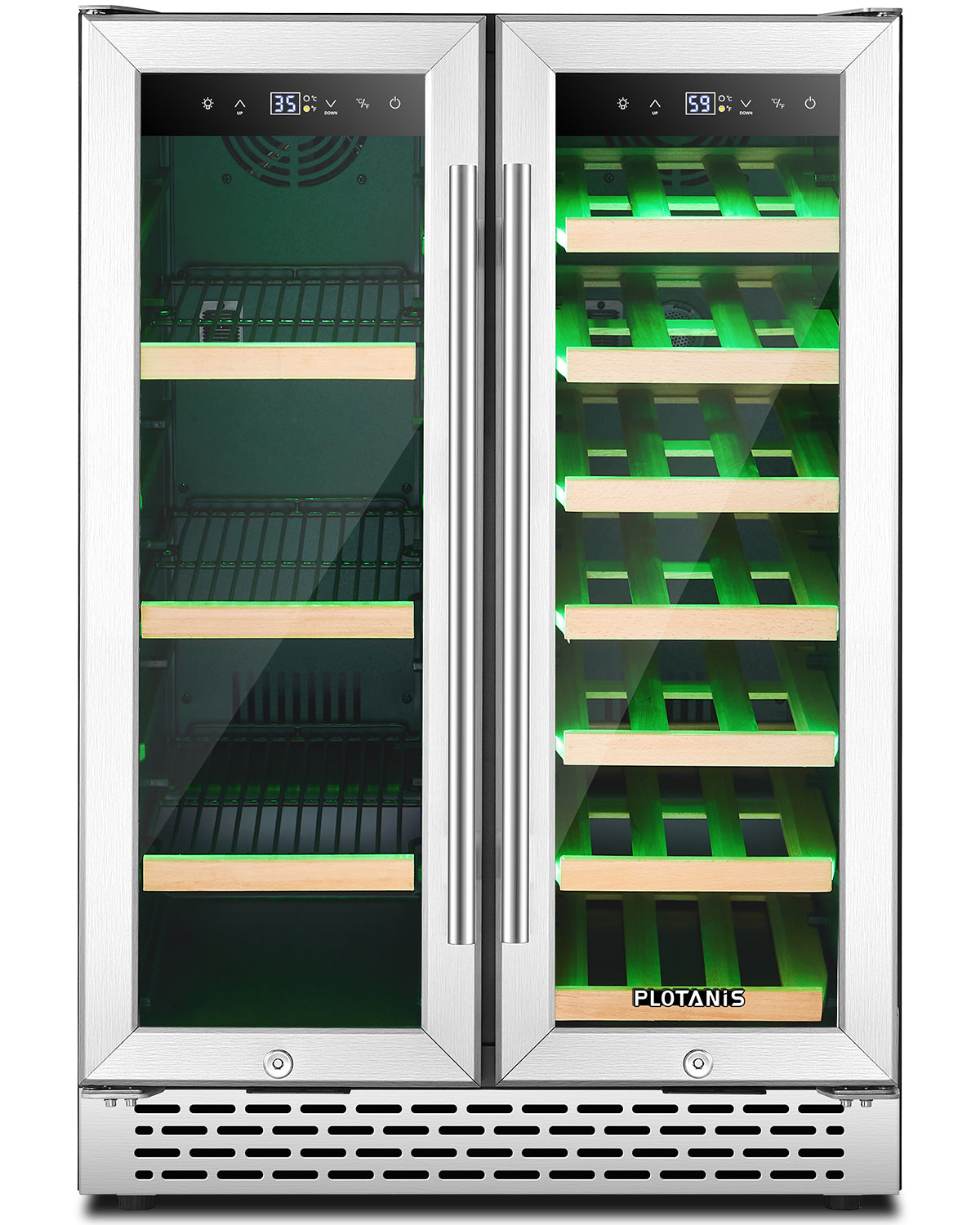 Plotanis 24 Inch Wine and Beverage Cooler Refrigerator 20 Bottles 60 Cans Capacity Dual Zone French Door