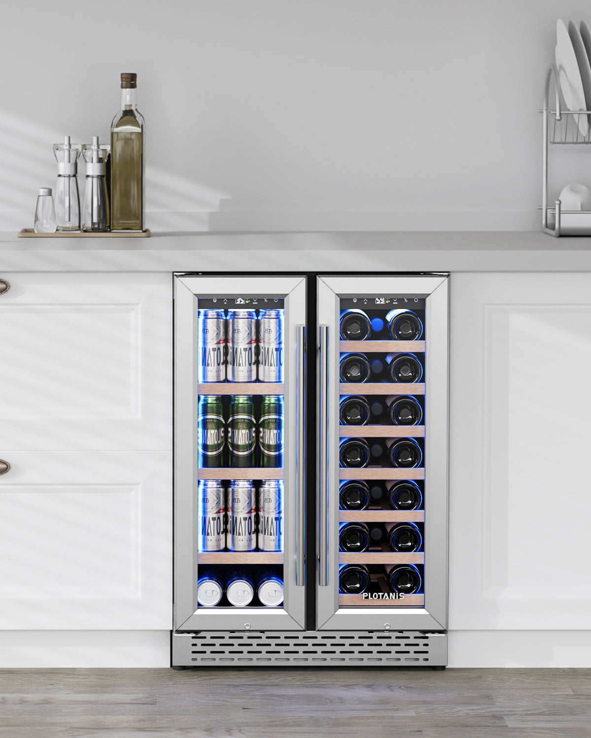 Plotanis 24 Inch Wine and Beverage Cooler Refrigerator 20 Bottles 60 Cans Capacity Dual Zone French Door