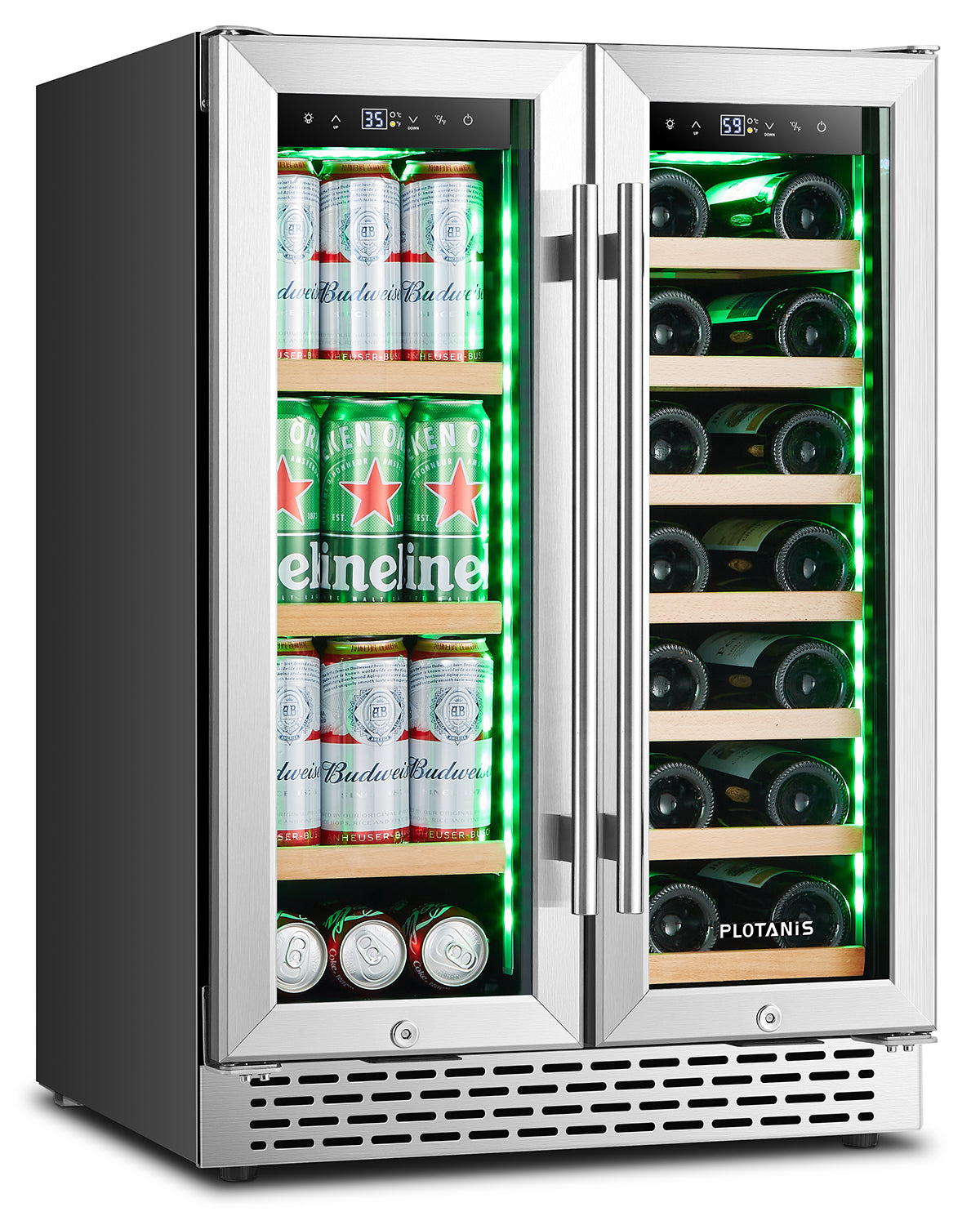 Plotanis 24 Inch Wine and Beverage Cooler Refrigerator 20 Bottles 60 Cans Capacity Dual Zone French Door