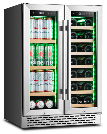 Plotanis 24 Inch Wine and Beverage Cooler Refrigerator 20 Bottles 60 Cans Capacity Dual Zone French Door