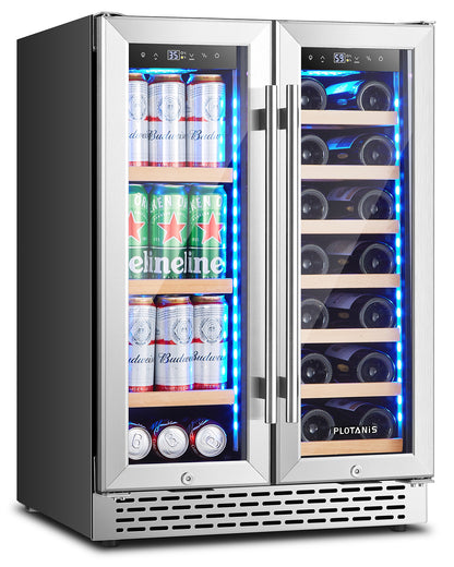 Plotanis 24 Inch Wine and Beverage Cooler Refrigerator 20 Bottles 60 Cans Capacity Dual Zone French Door