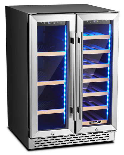 Plotanis 24 Inch Wine and Beverage Cooler Refrigerator 20 Bottles 60 Cans Capacity Dual Zone French Door