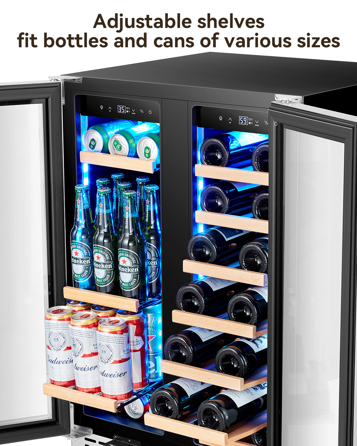 Plotanis 24 Inch Wine and Beverage Cooler Refrigerator 20 Bottles 60 Cans Capacity Dual Zone French Door