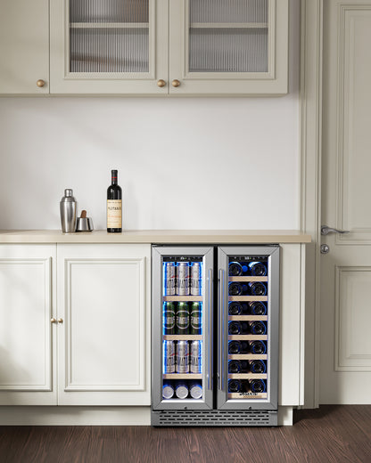 Plotanis 24 Inch Wine and Beverage Cooler Refrigerator 20 Bottles 60 Cans Capacity Dual Zone French Door