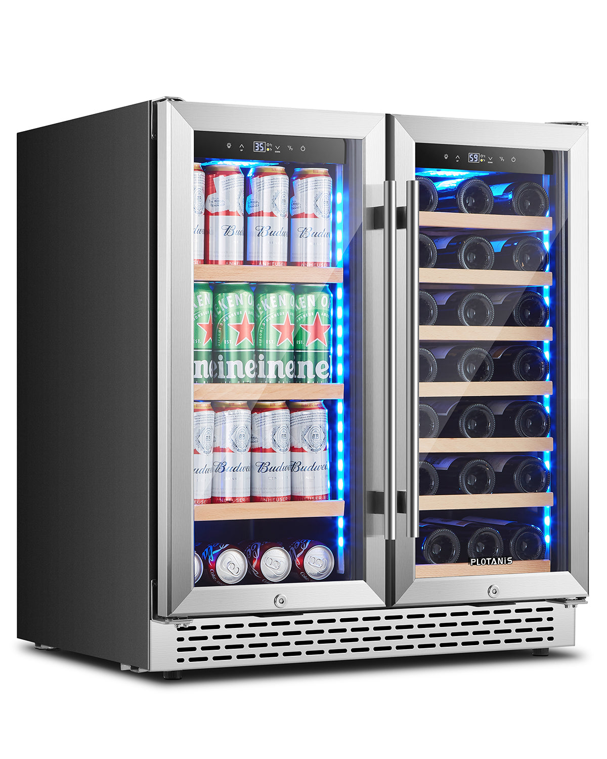 Plotanis 30 Inch Wine and Beverage Cooler Refrigerator 33 Bottles 80 Cans Capacity Dual Zone French Door