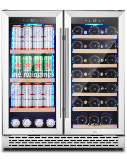 Plotanis 30 Inch Wine and Beverage Cooler Refrigerator 33 Bottles 80 Cans Capacity Dual Zone French Door