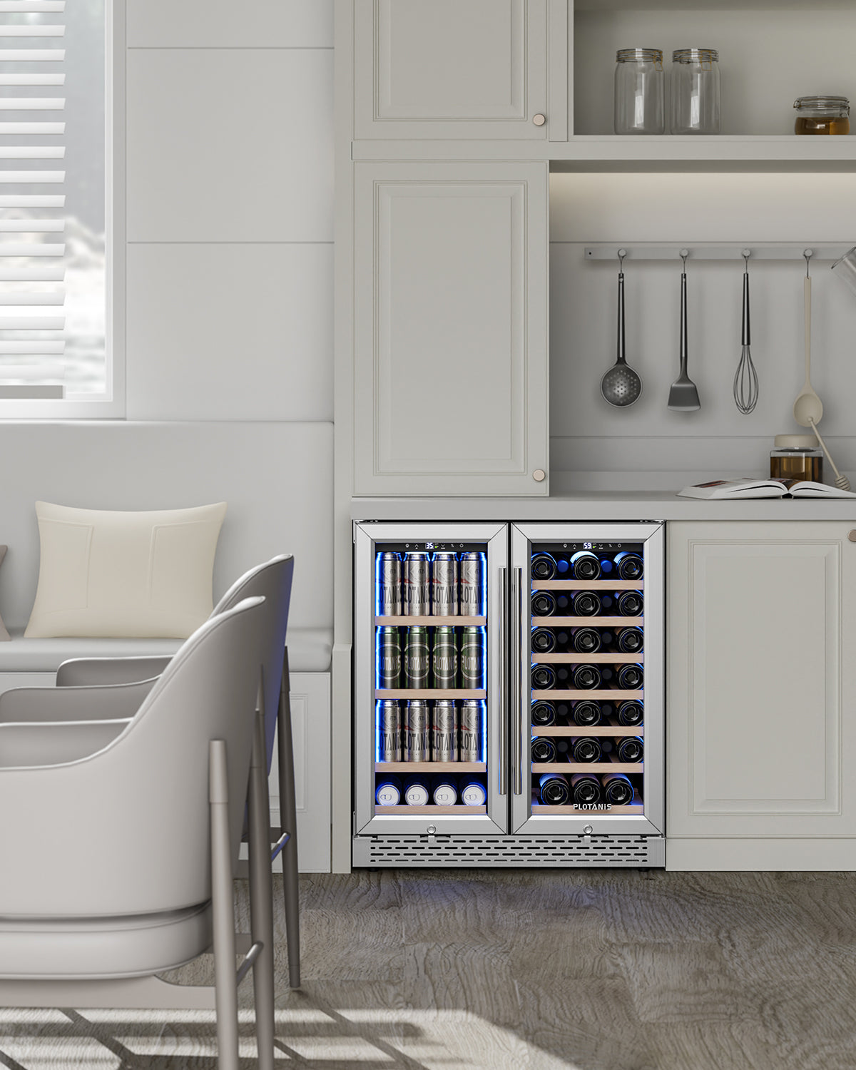 Plotanis 30 Inch Wine and Beverage Cooler Refrigerator 33 Bottles 80 Cans Capacity Dual Zone French Door