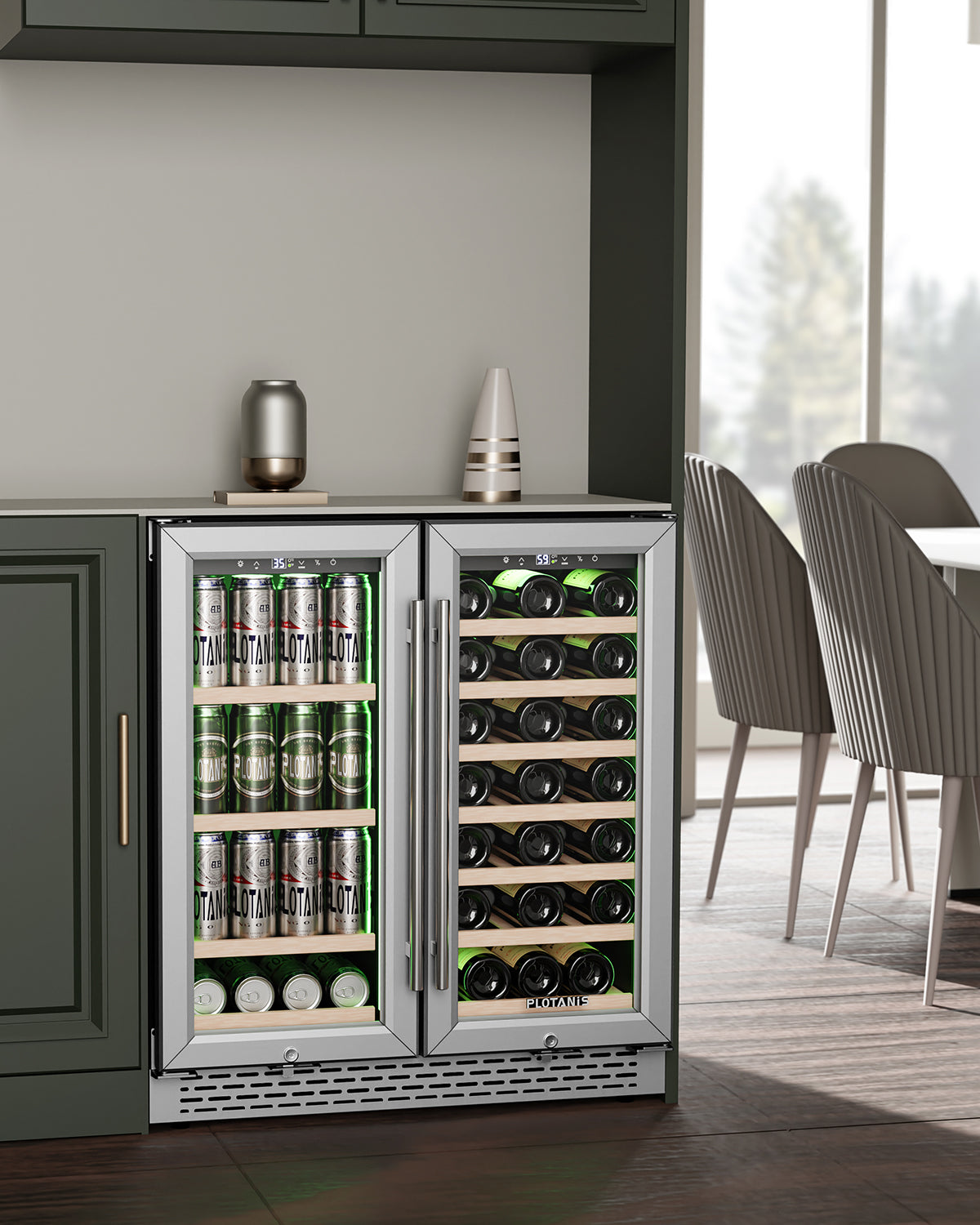 Plotanis 30 Inch Wine and Beverage Cooler Refrigerator 33 Bottles 80 Cans Capacity Dual Zone French Door