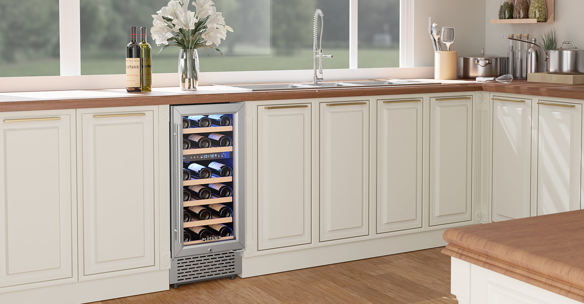 Plotanis-15-inch-dual-zone-wine-fridge-under-in-kitchen