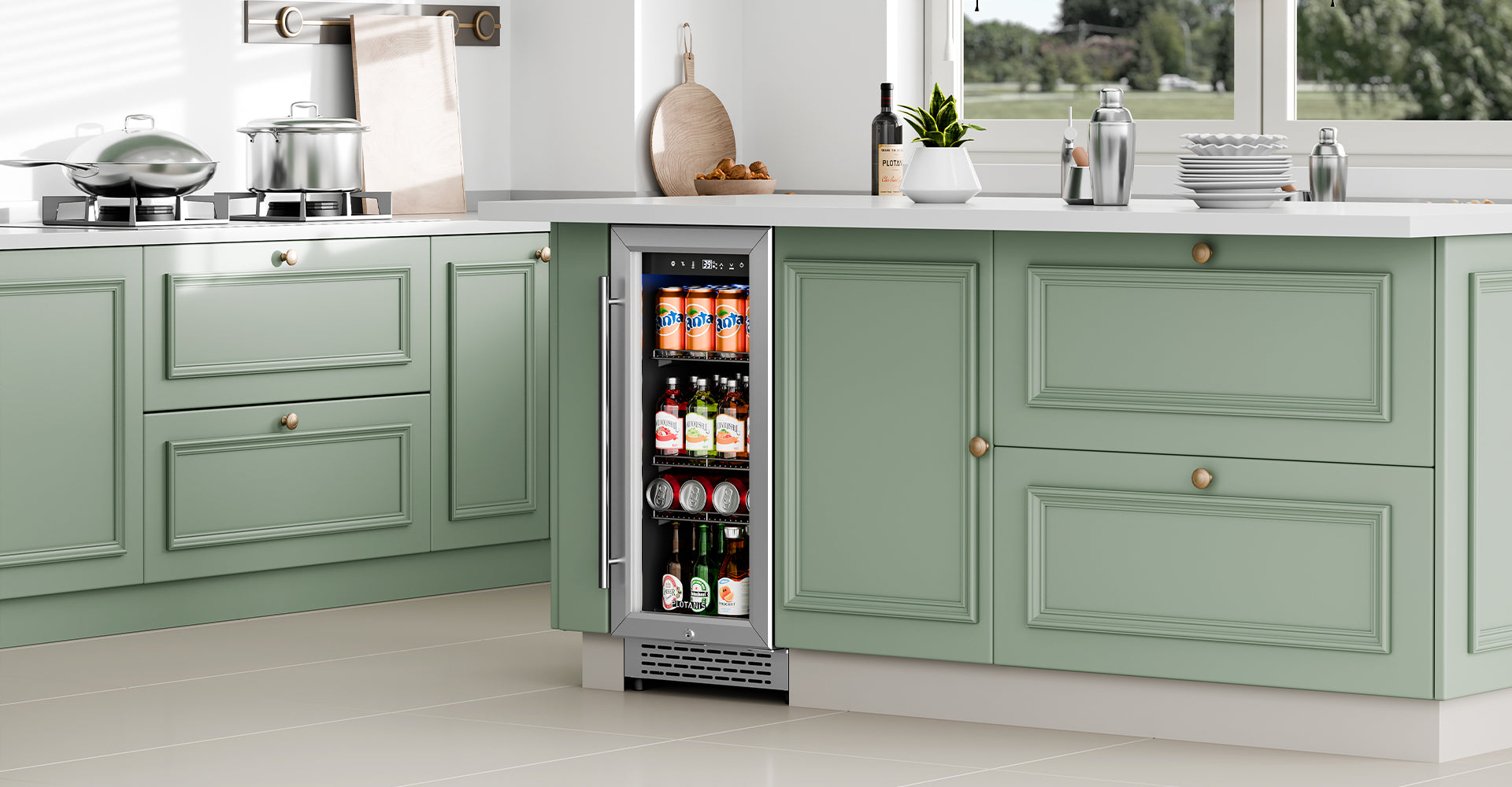 Plotanis-15-inch-mini-beverage-fridge-under-counter-in-kitchen