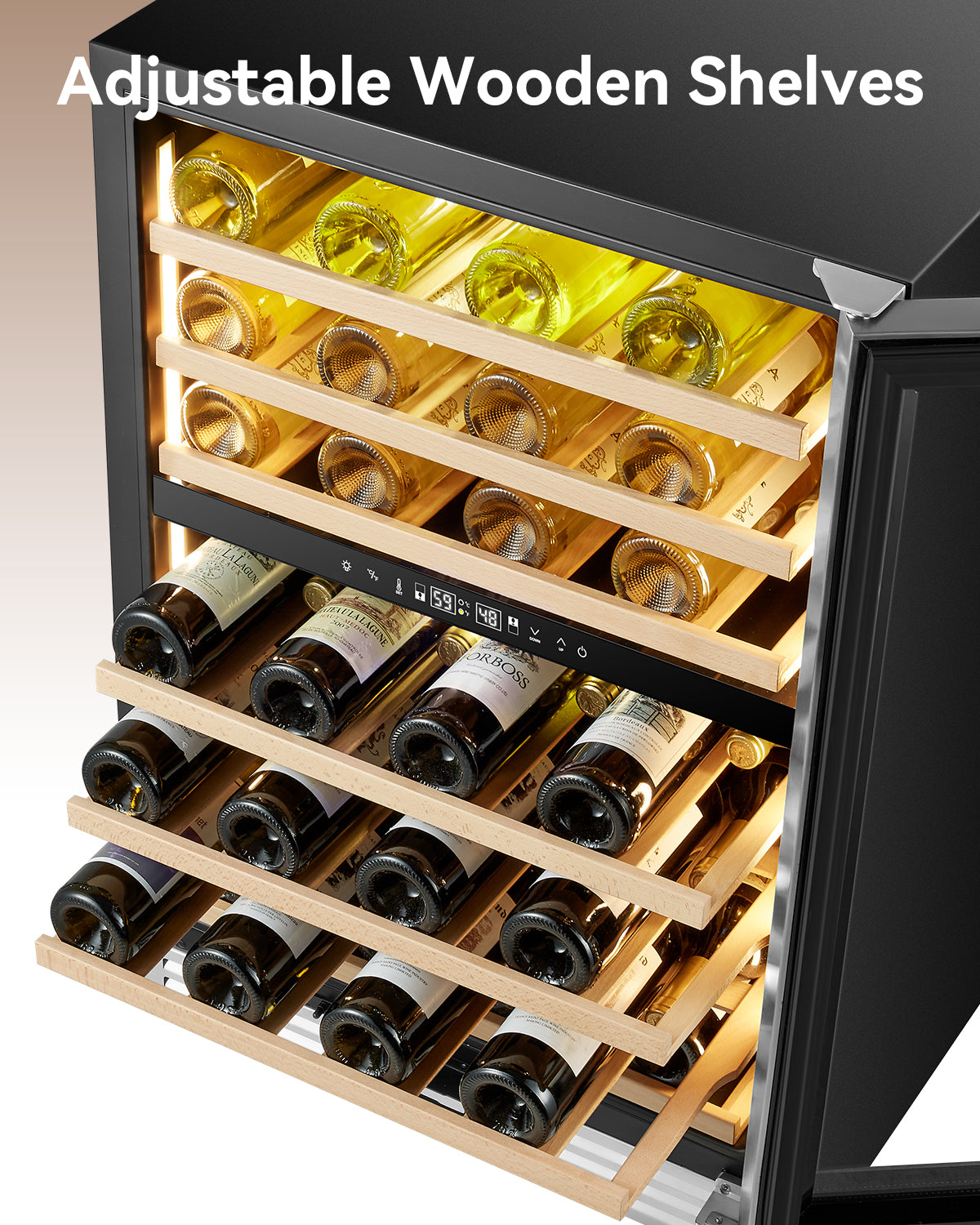 Plotanis 24 Inch Dual Zone Wine Fridge with Adjustable Wooden Shelves