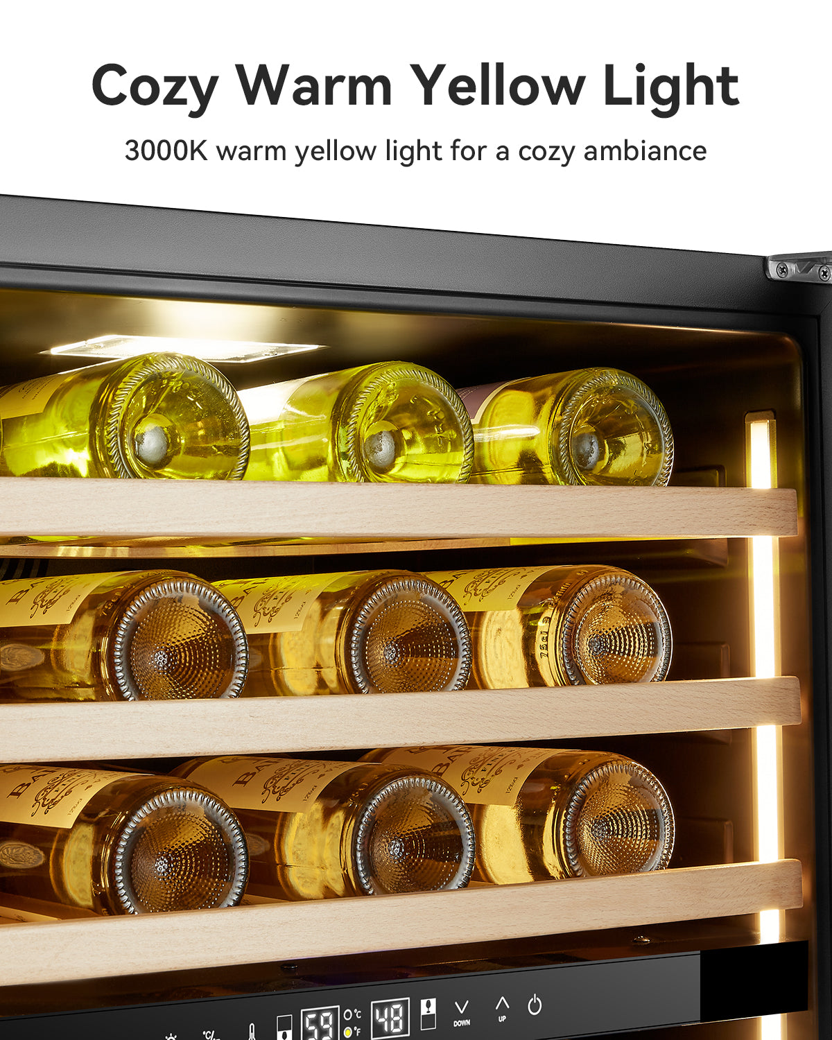 Plotanis 24 Inch Dual Zone Wine Fridge with Cozy Warm Yellow Light