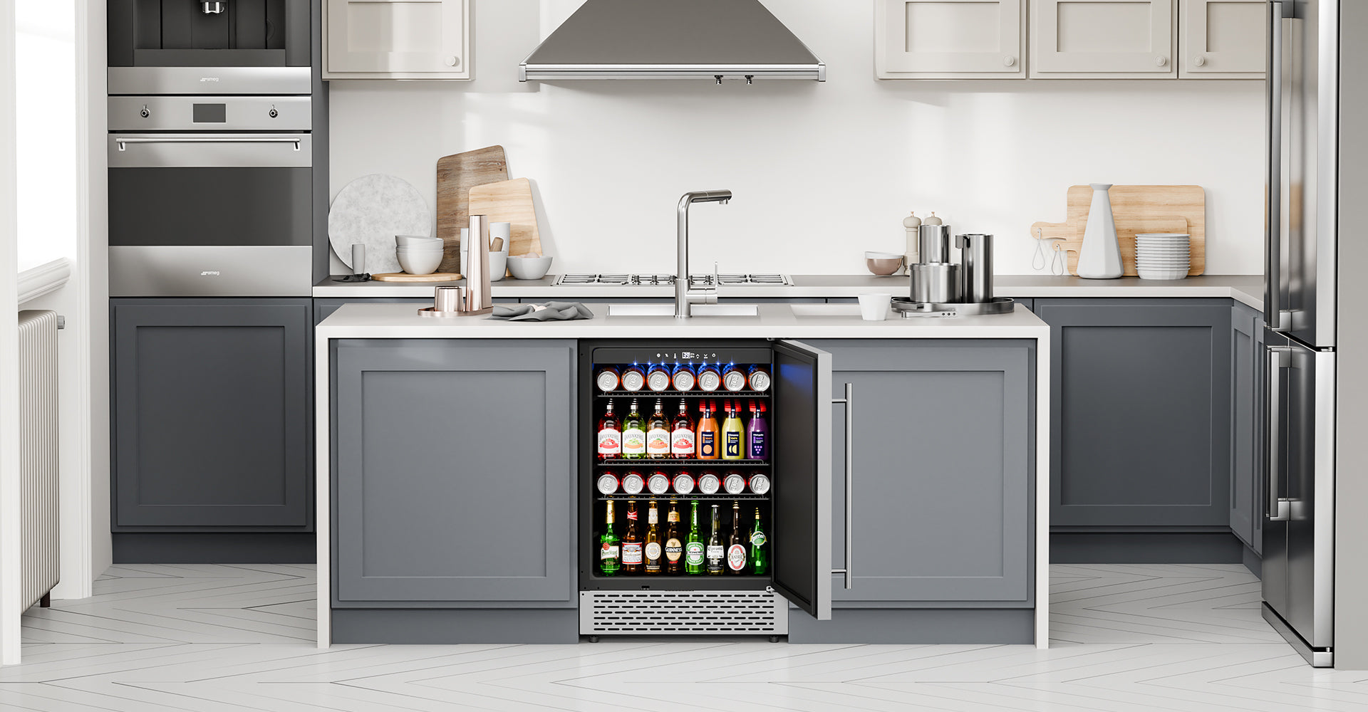 Plotanis-24-inch-foam-door-beverage-fridge-under-counter-in-kitchen