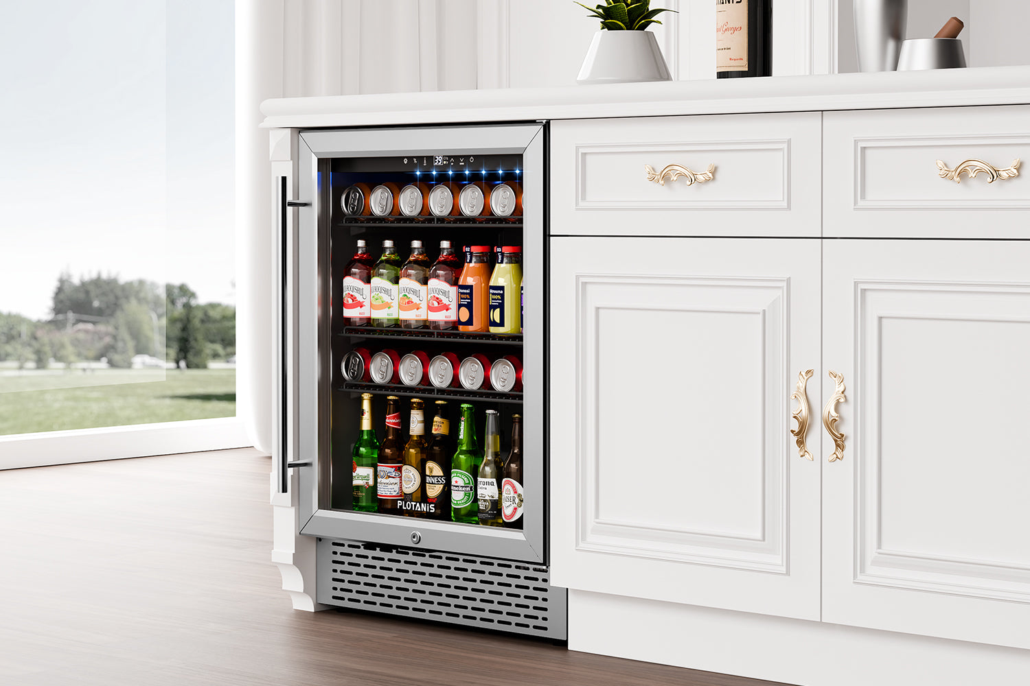 Plotanis 24 inch beverage fridge under counter in livingroom