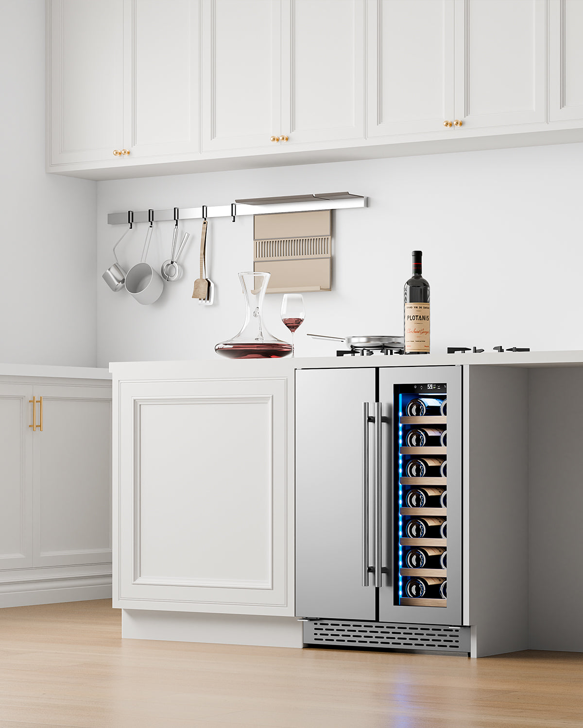 Plotanis 24 inch dual zone wine and beverage fridge under counter in kitchen