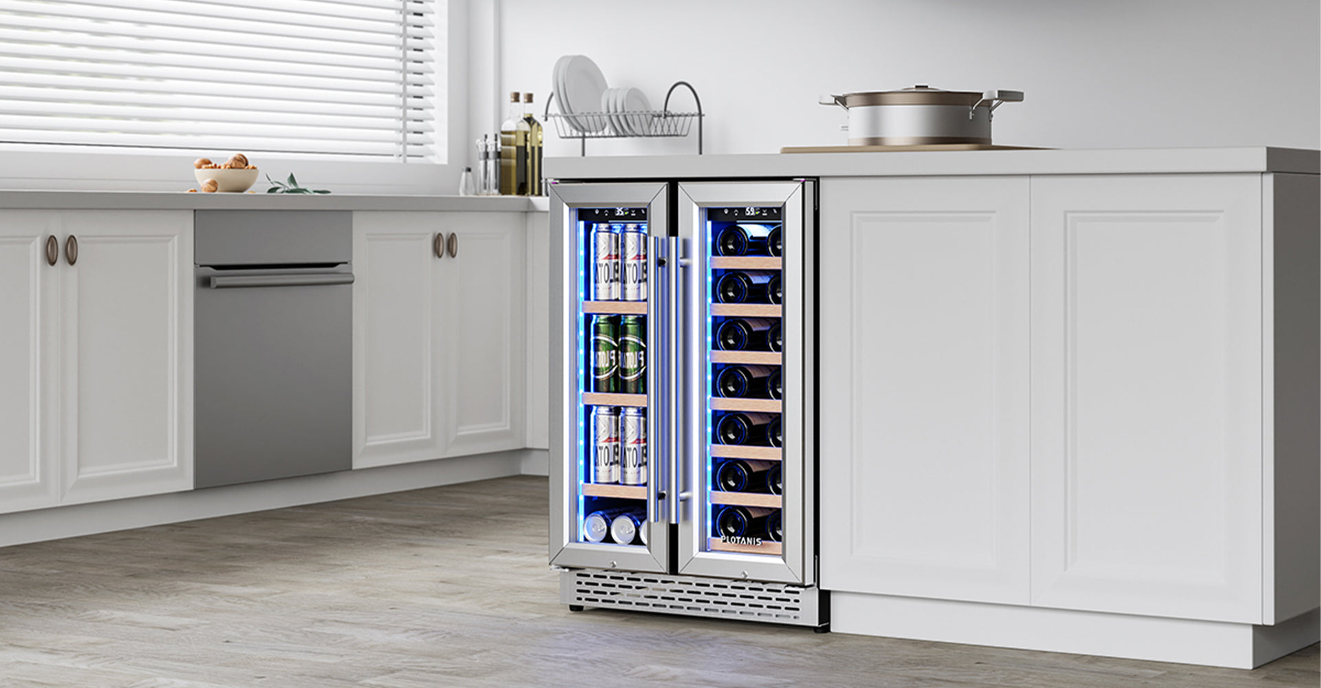 Plotanis 24 inch dual zone wine and beverage fridge under counter in kitchen